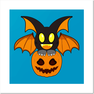 Pumpkin Halloween Bat Cartoon Orange Scary Posters and Art